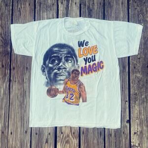 Vtg Magic Johnson Lakers Single Stitch Graphic 2 Sided T-Shirt Xl We Love You